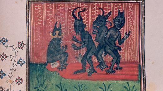 Satan a démoni (knižní iluminace, Francie, polovina 14. století)