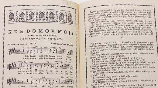 František Škroup – Josef Kajetán Tyl: „Kde domov můj?“ Národní hymna česká. Vydání s poznámkami upozorňujícími na vžité  chyby při interpretaci. Tisk, Praha 1918 (z knihy Státní hymna České republiky v proměnách doby)