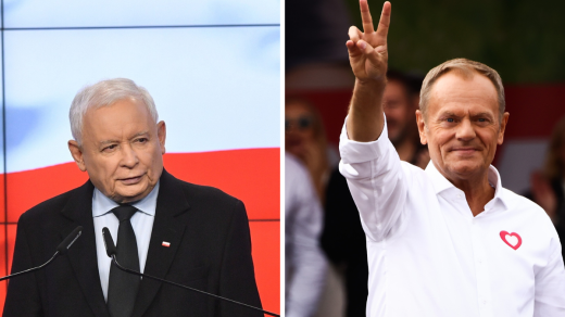Lídři hlavních polských stran Jaroslaw Kaczyński (vlevo) a Donald Tusk