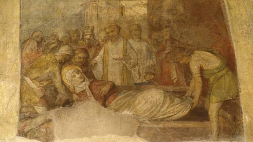 Pohřeb svaté Ludmily ze středověké fresky z chrámu svatého Jiří v Praze