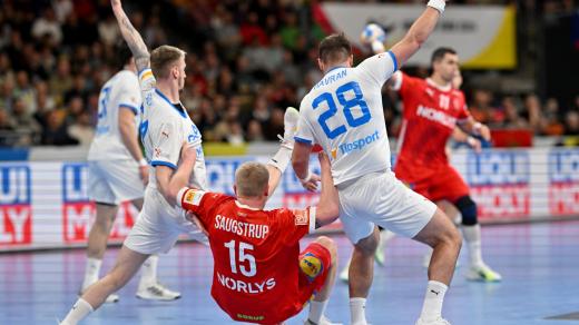 Matěj Havran (č.28) bránil v úvodním zápase na evropském šampionátu proti Dánsku hvězdy současné házené