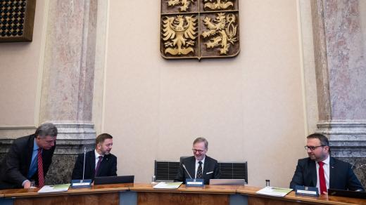 Pavel Blažek, Vít Rakušan, Petr Fiala a Marian Jurečka na jednání vlády ČR