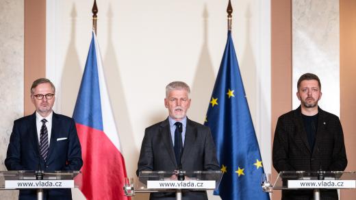 Petr Pavel, Petr Fiala a Vít Rakušan na tiskové konferenci po mimořádném jednání